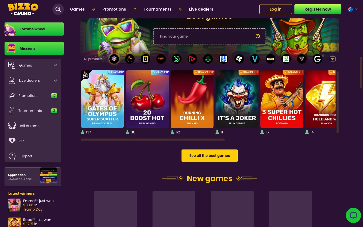 Bizzo Casino bonus page screenshot